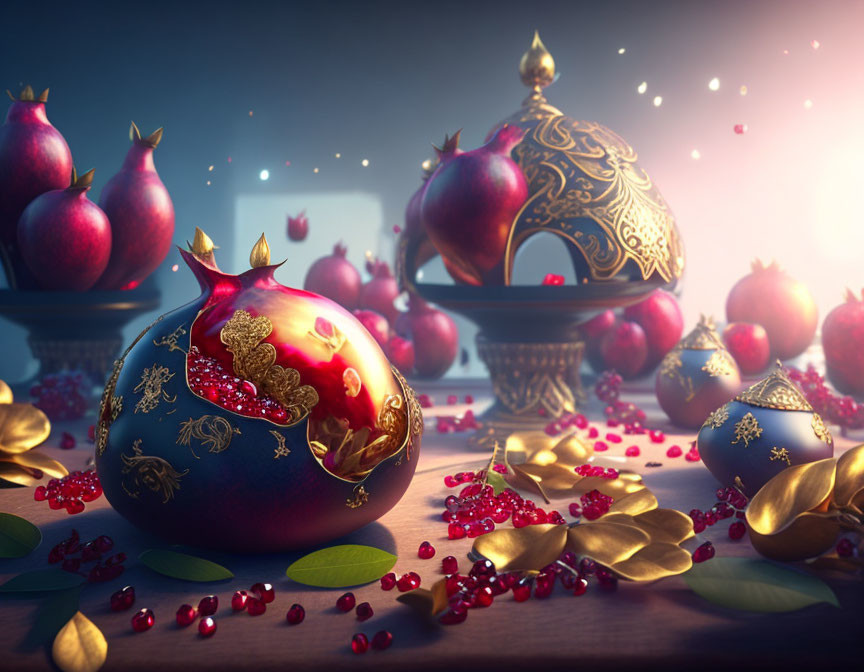 Luxurious Pomegranates with Golden Accents on Dark Background