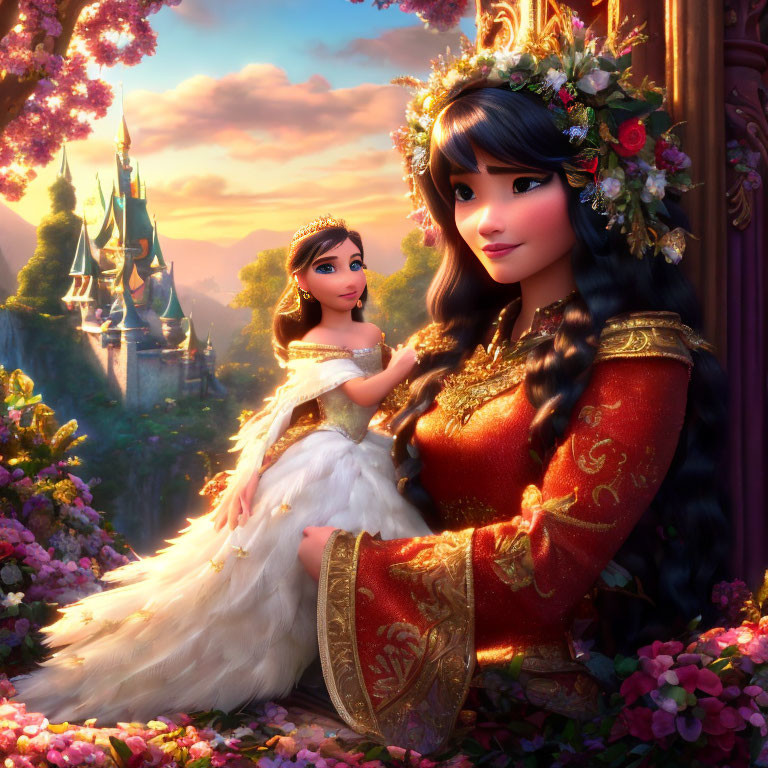 Animated princess with braided hair and floral crown in castle garden at sunset