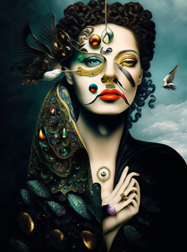 Surreal Artwork: Woman with Ornate Adornments and Mechanical Elements