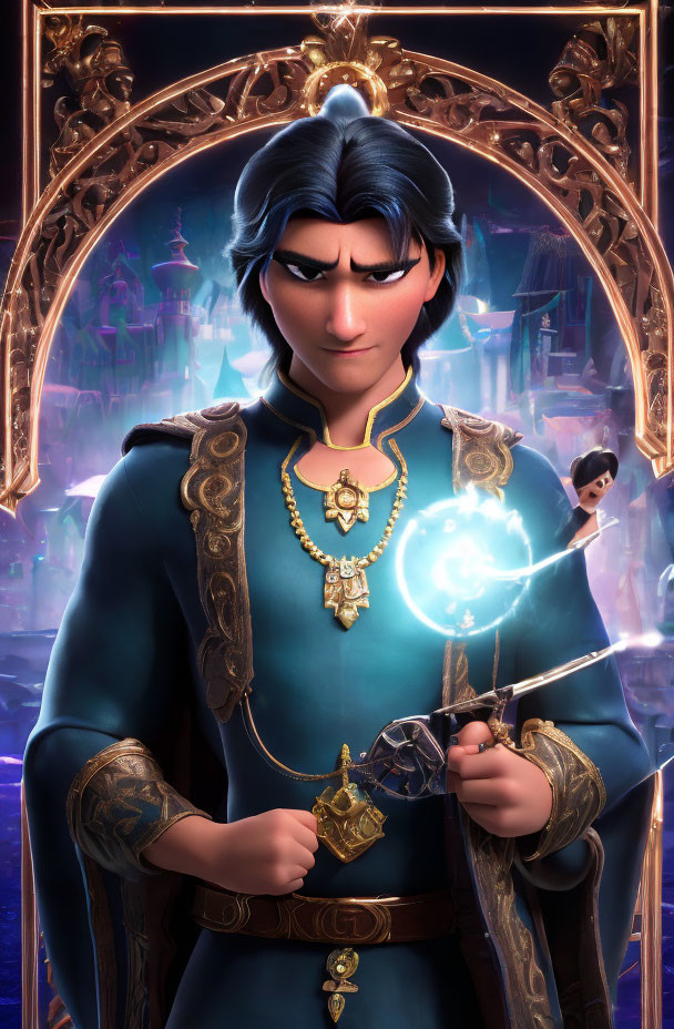 Animated character in royal attire with scepter and magical glow, second character in background