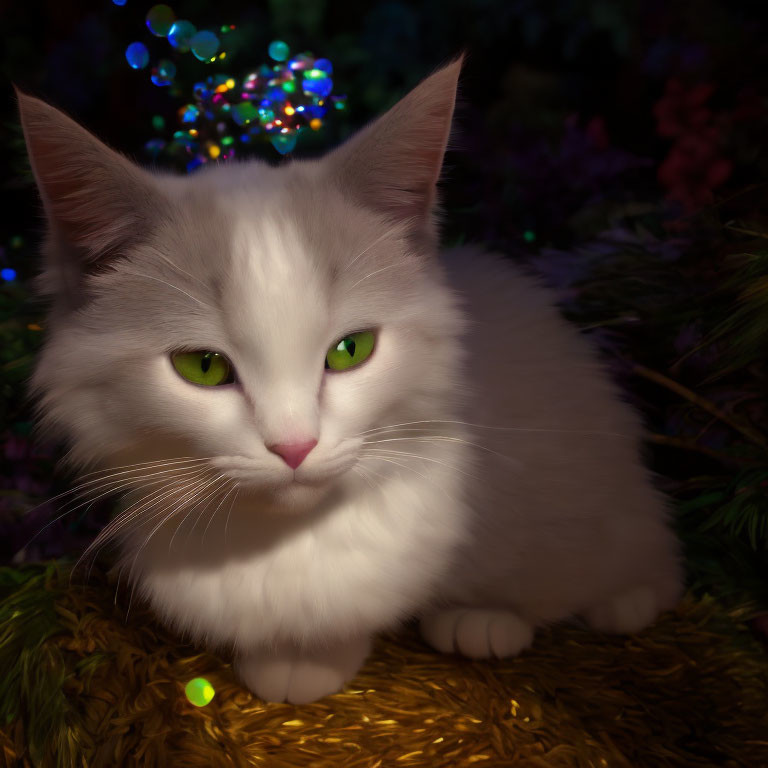 Fluffy white cat with green eyes on golden surface with bokeh lights