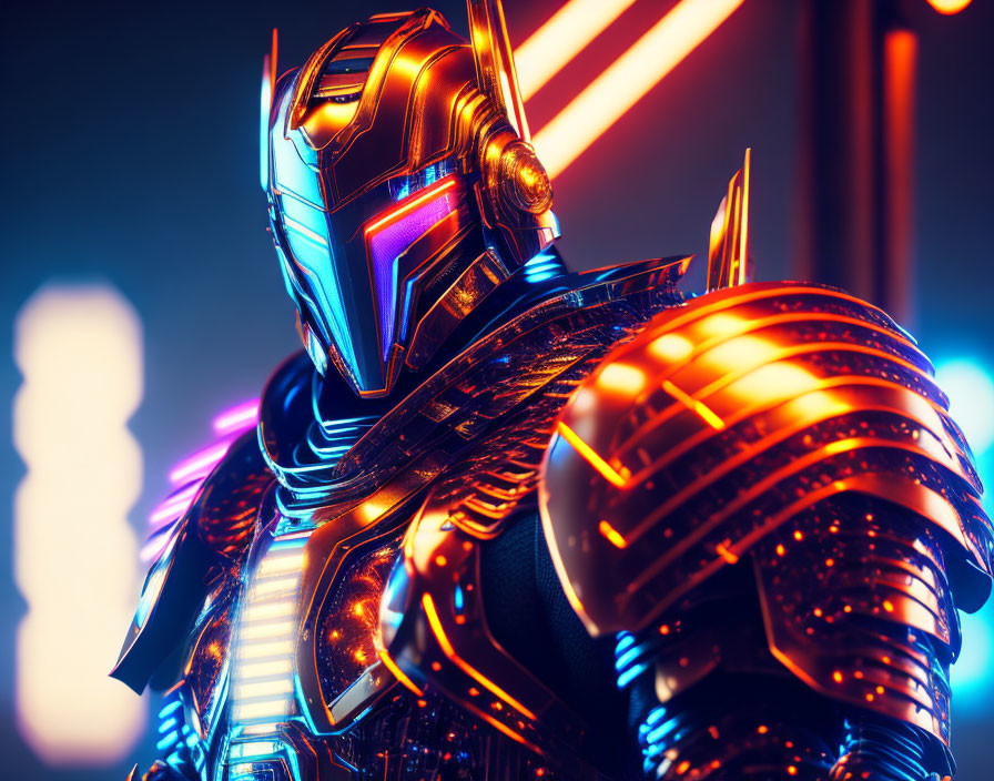 Armored robot with glowing lines in neon-lit setting.