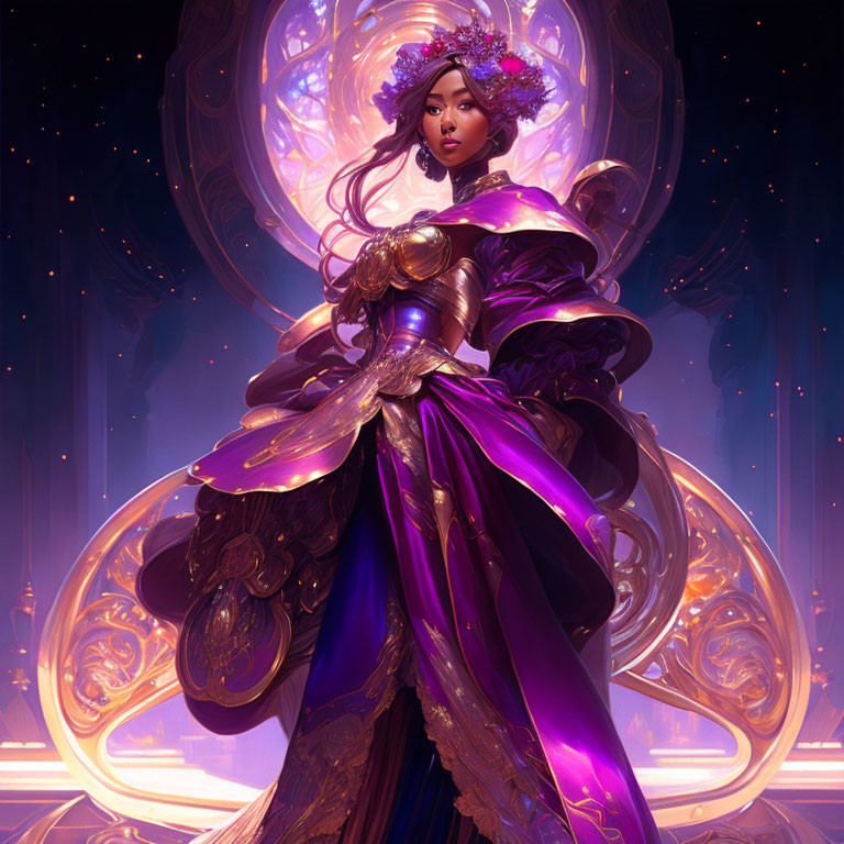 Regal woman in purple dress with golden armor in luminous setting