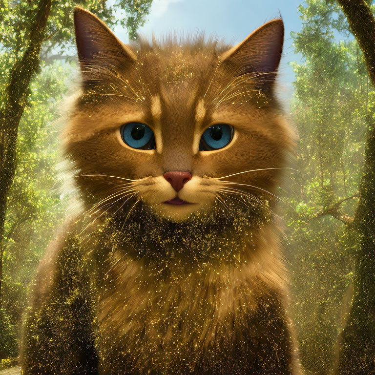 Detailed Illustration: Cat with Blue Eyes in Glittery Forest