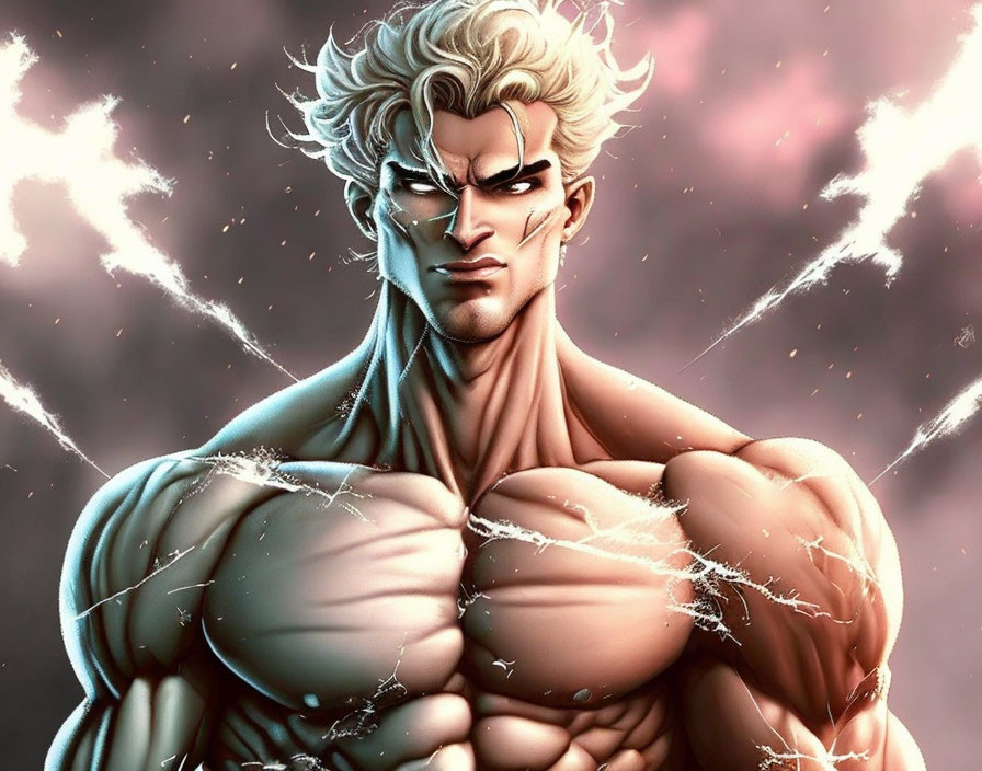 Animated character with muscular physique and lightning effects.