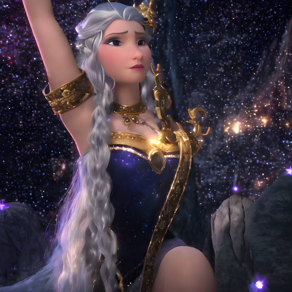 Silver-haired female character in golden armor against sparkling night sky