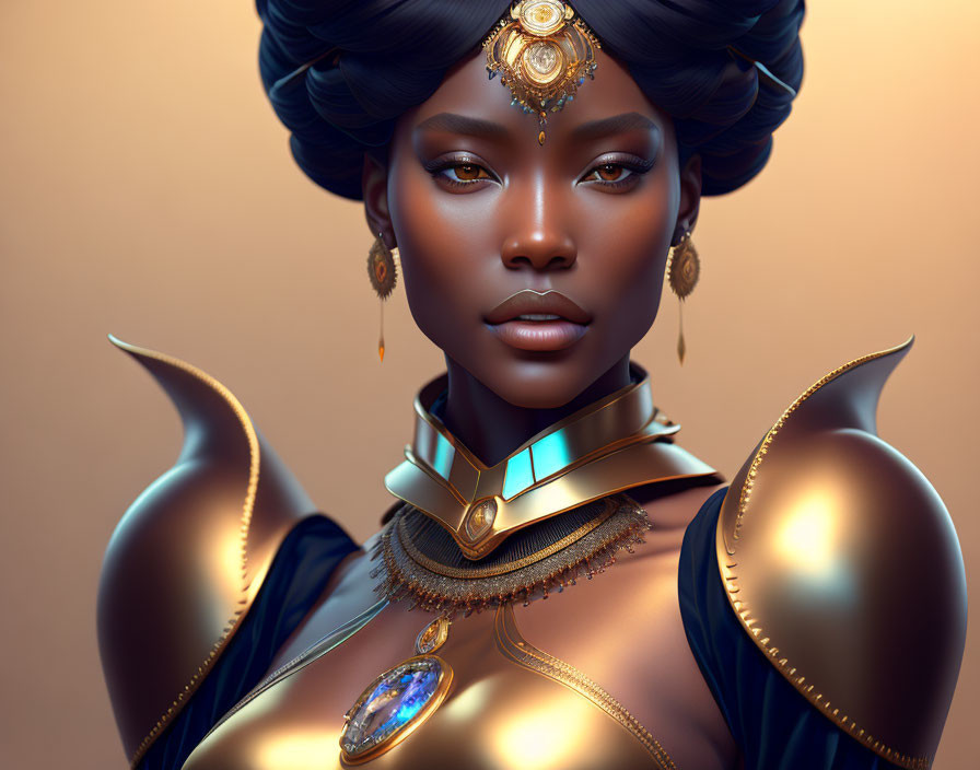 Digital artwork featuring woman with golden jewelry and regal headpiece