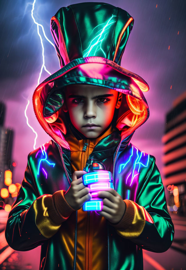 Child in neon raincoat holding light-up cube in rain with lightning