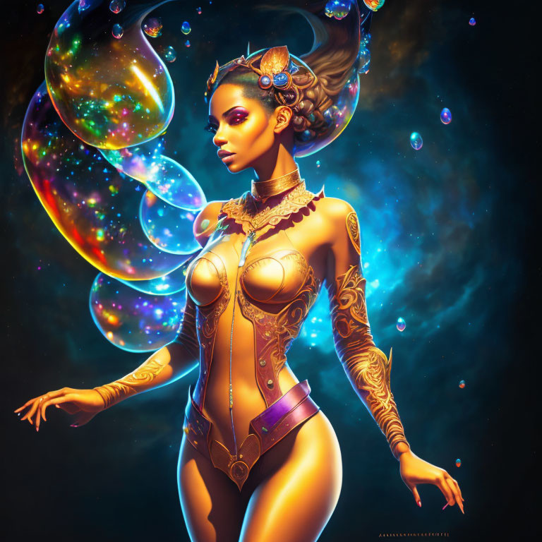 Fantasy illustration of a woman with gold tattoos in cosmic setting