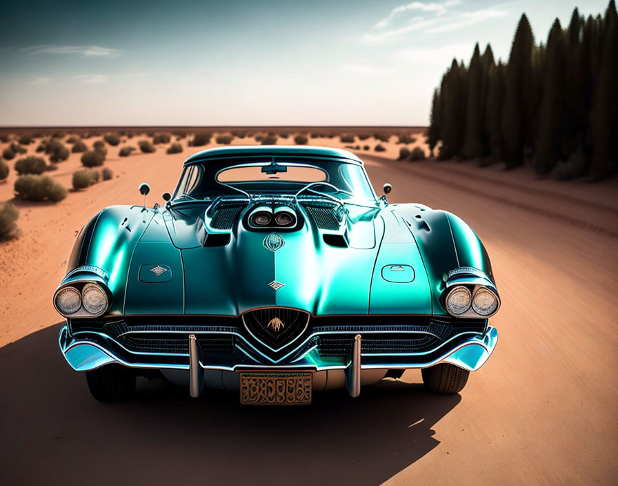 Vintage turquoise car with chrome accents on desert road surrounded by green trees.