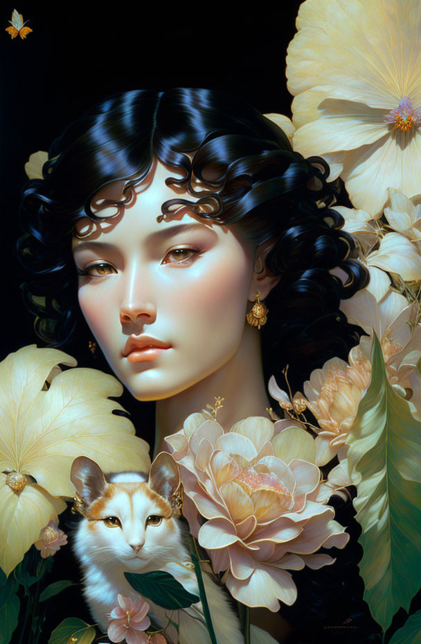 Digital artwork: Woman with dark curls, serene expression, surrounded by pale flowers, cat peering.