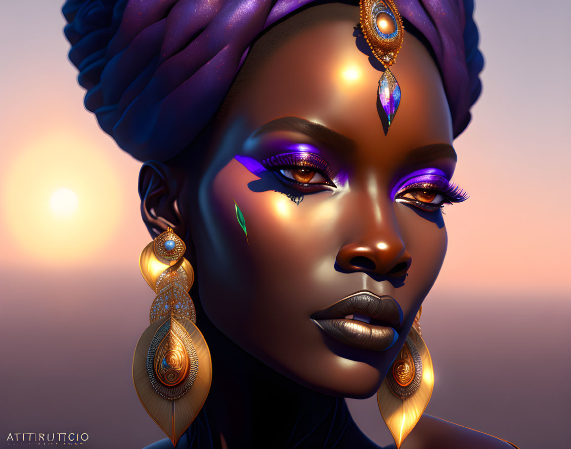 Digital portrait of woman with purple makeup, gold jewelry, blue headwrap, against sunset.