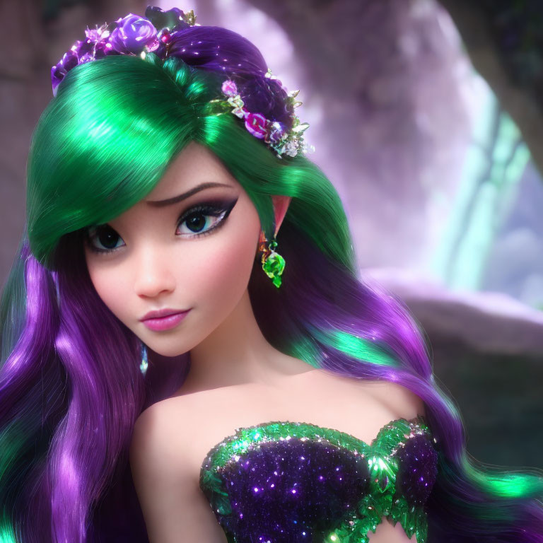 Vibrant Green and Purple Hair Animated Character in Sparkling Attire