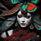 Intricate Jewel-Encrusted Headdress and Dark Attire Portrait