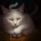 Fluffy white cat with green eyes on golden surface with bokeh lights