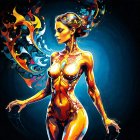 Fantasy illustration of a woman with gold tattoos in cosmic setting