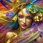 Digital artwork featuring woman with metallic feather-like hair embellishments and blue flower.