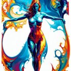 Illustrated female character with orange and blue tones wielding a fiery bow.