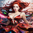 Woman with Red Hair and Rose in Vibrant Dress: Artistic Chaos