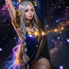 Silver-haired female character in golden armor against sparkling night sky