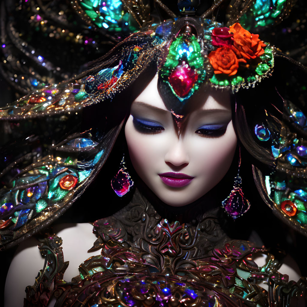 Intricate Jewel-Encrusted Headdress and Dark Attire Portrait