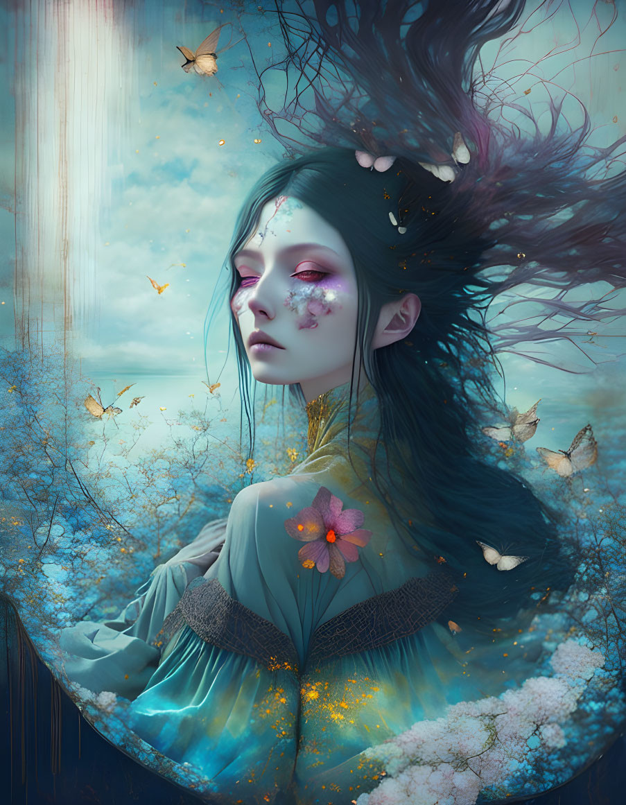 Dark-haired woman with floral patterns and butterflies in mystical setting