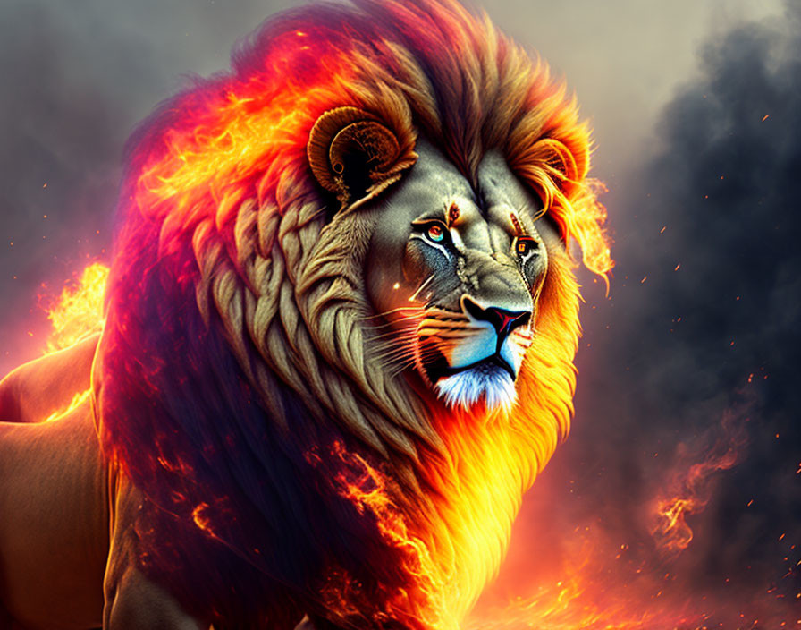 Colorful Lion Artwork with Fiery Mane and Fantasy Elements