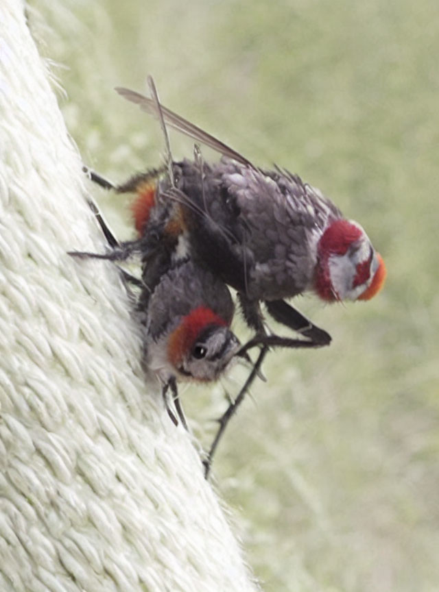 Speckled plumage birds with red patches on textured surface