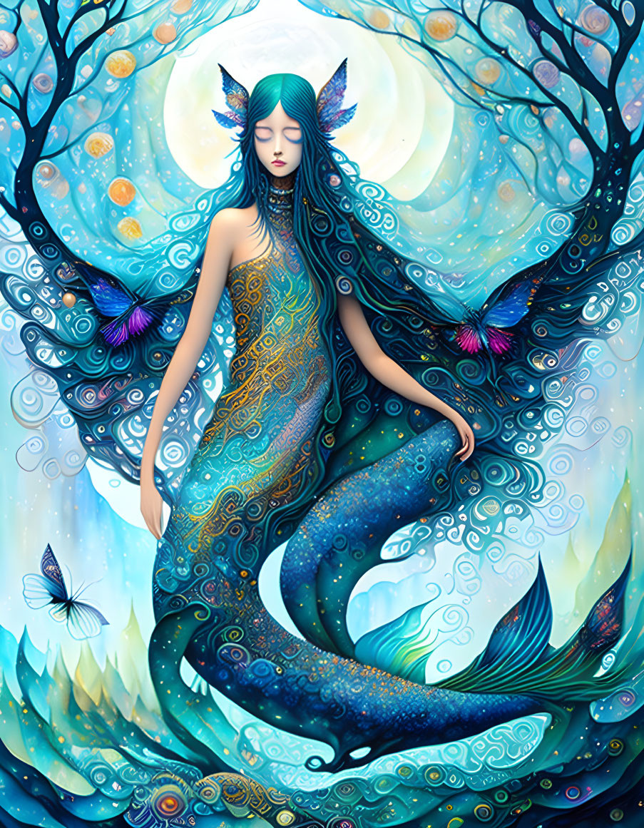 Blue-skinned mermaid in vibrant underwater scene with butterflies and whimsical trees