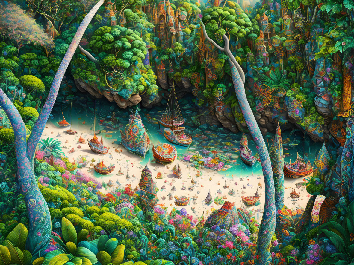 Colorful Jungle Landscape with Whimsical Boats in Cove