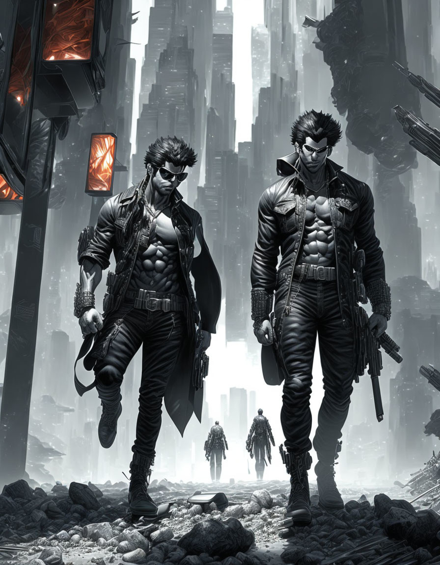 Stylized male figures in futuristic battle gear in dystopian cityscape