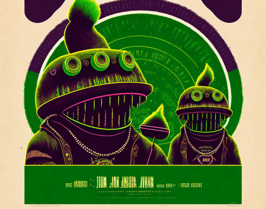 Stylized poster with two robot characters in green and purple tones