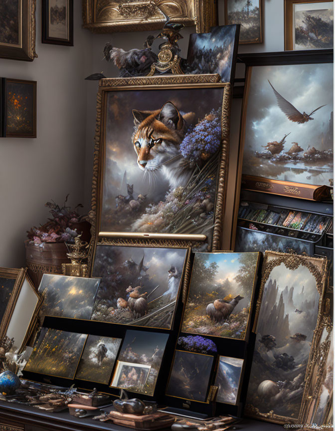 Fantastical wildlife paintings in opulent room with ornate frames