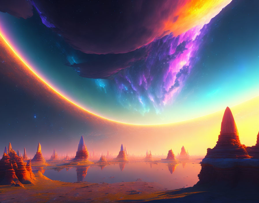 Colorful sci-fi landscape with towering rock spires and ringed planet.