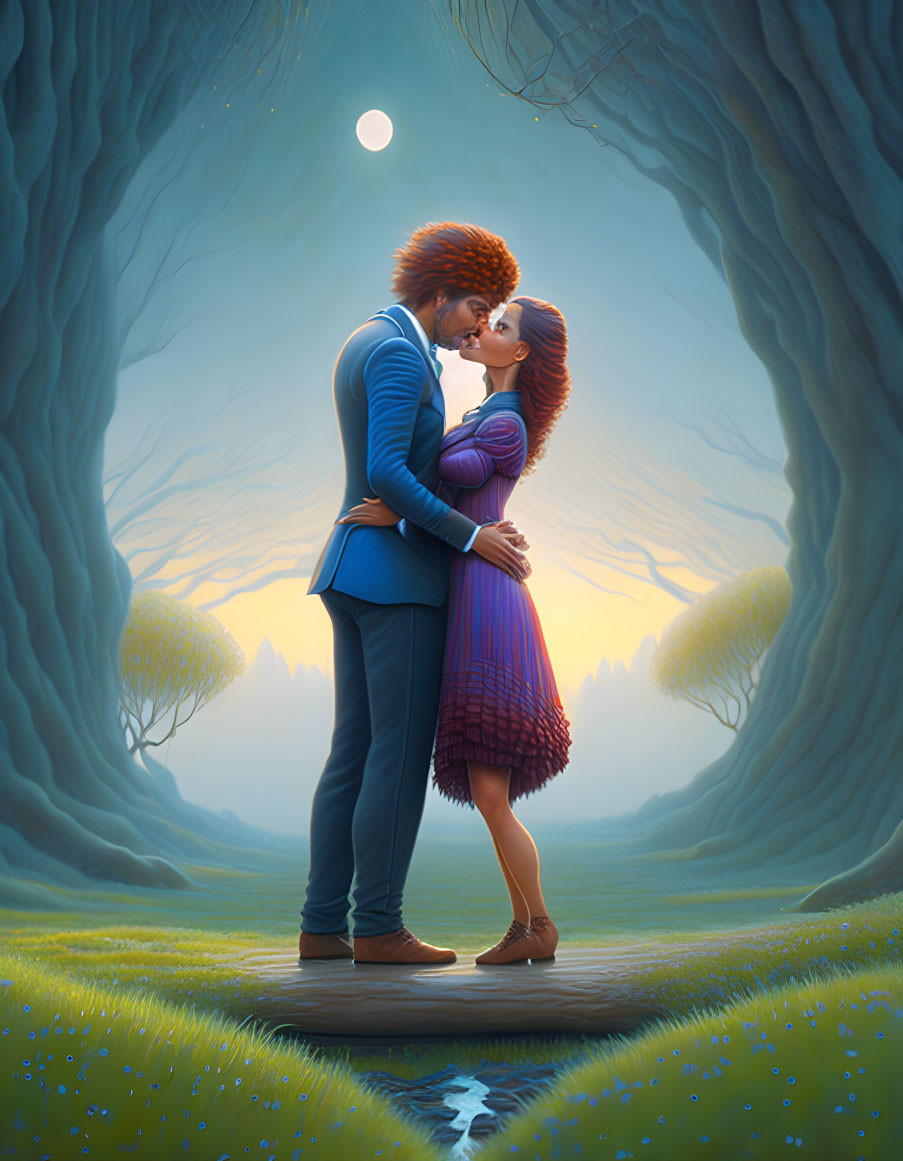 Illustration: Couple kissing in heart-shaped tree tunnel with moonlit landscape