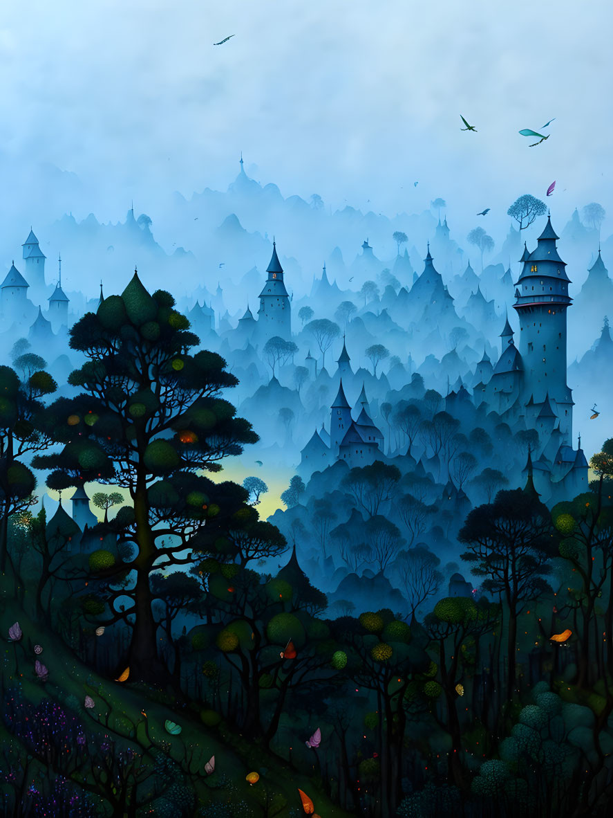 Enchanting forest with towering trees and castles under twilight sky