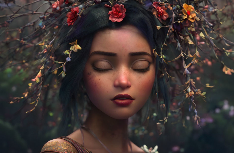 Digital artwork: Serene woman with floral crown and tattoos in forest setting