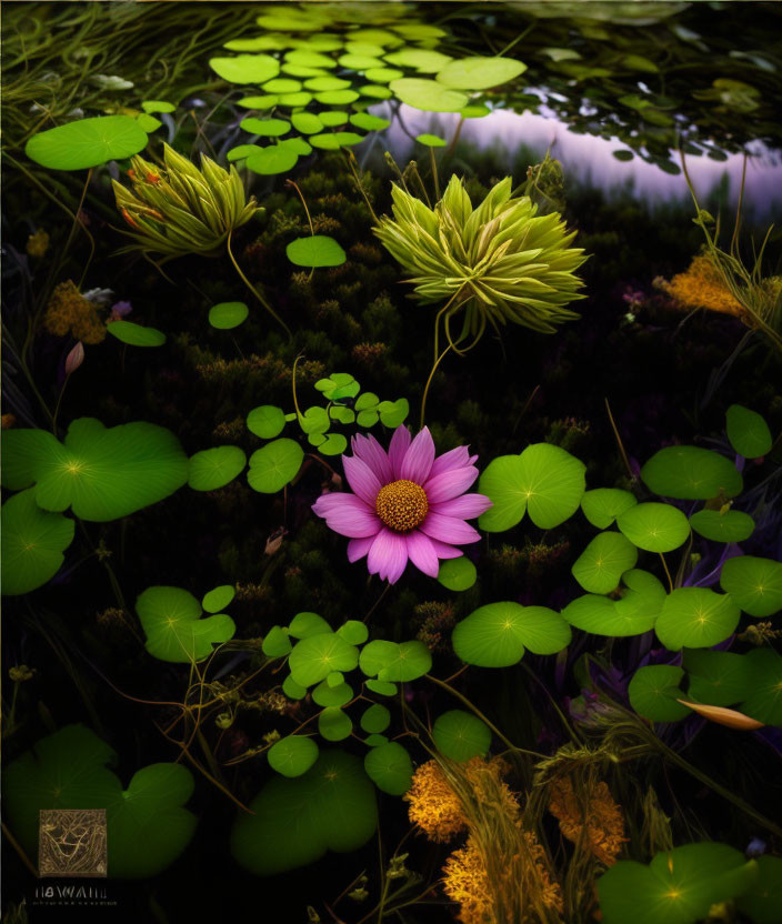 Pink flower and lily pads in dark water with green plants and yellow flowers