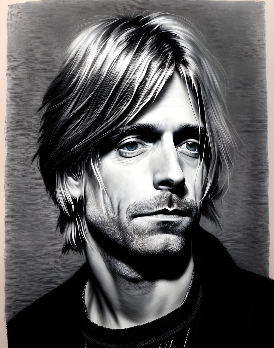 Monochromatic digital portrait of a man with long blonde hair and intense gaze