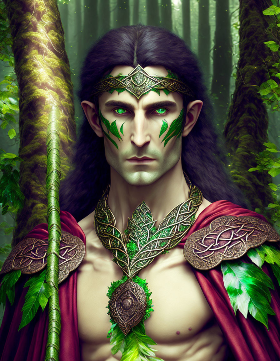 Regal elf in ornate forest armor in misty greenwood