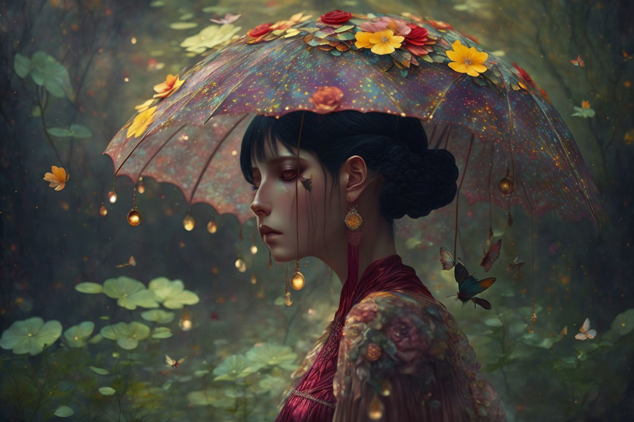 Woman with ornate bun in red dress holds clear umbrella with butterflies in dim forest