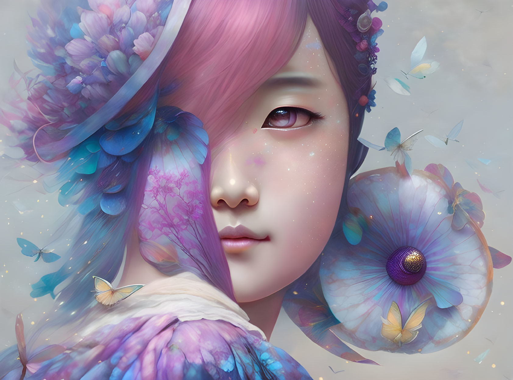 Portrait of a person with purple-pink hair and blue flowers in digital art