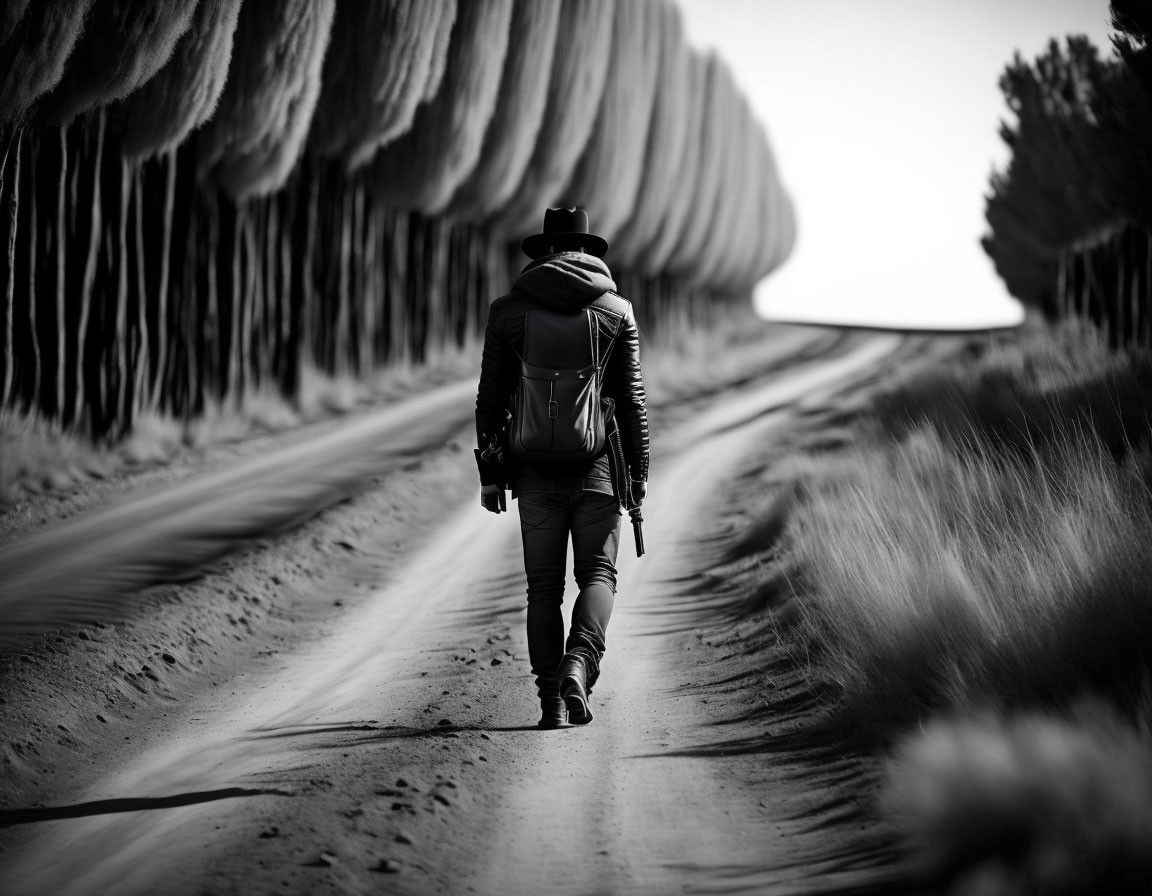 Person in hat and backpack walking on winding road surrounded by tall blurred trees in monochrome setting