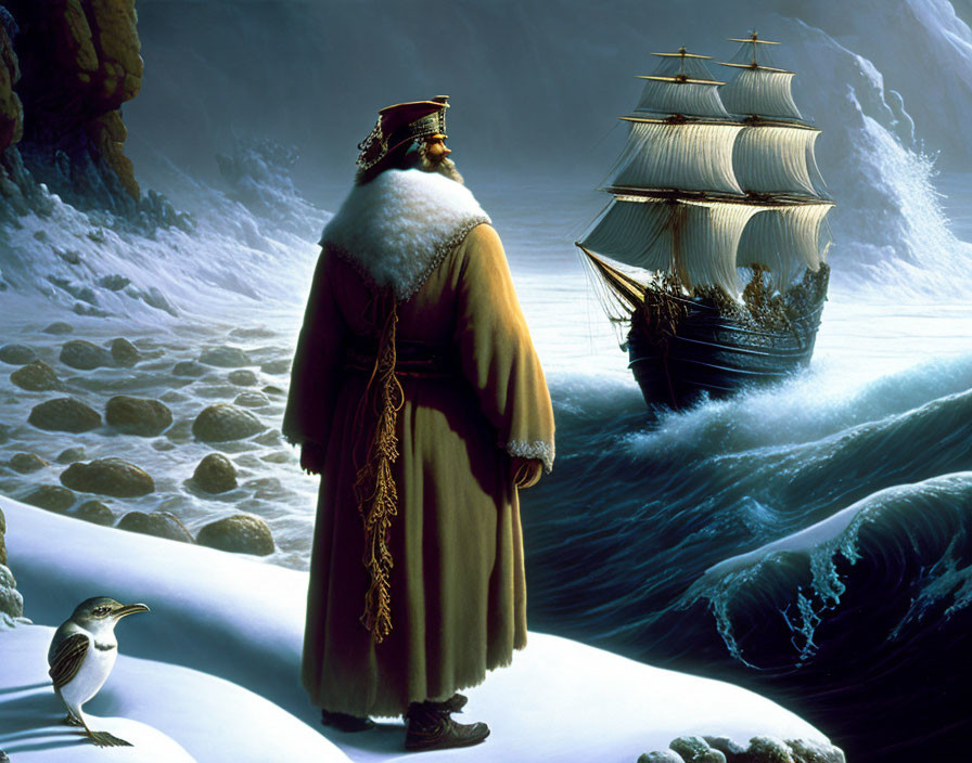 Regal figure in fur cloak on icy shore with tall ship and penguin