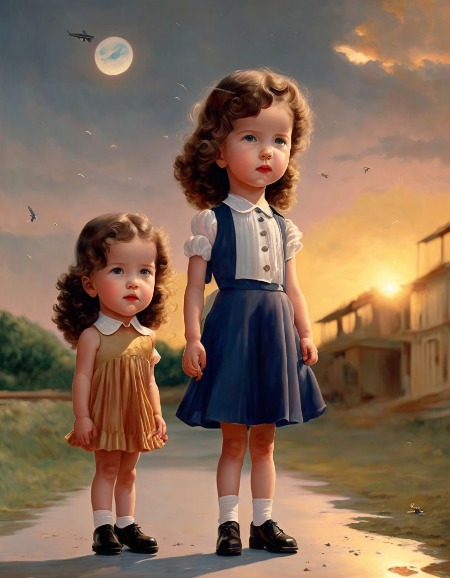 Two young girls holding hands under a sunset sky with birds flying.