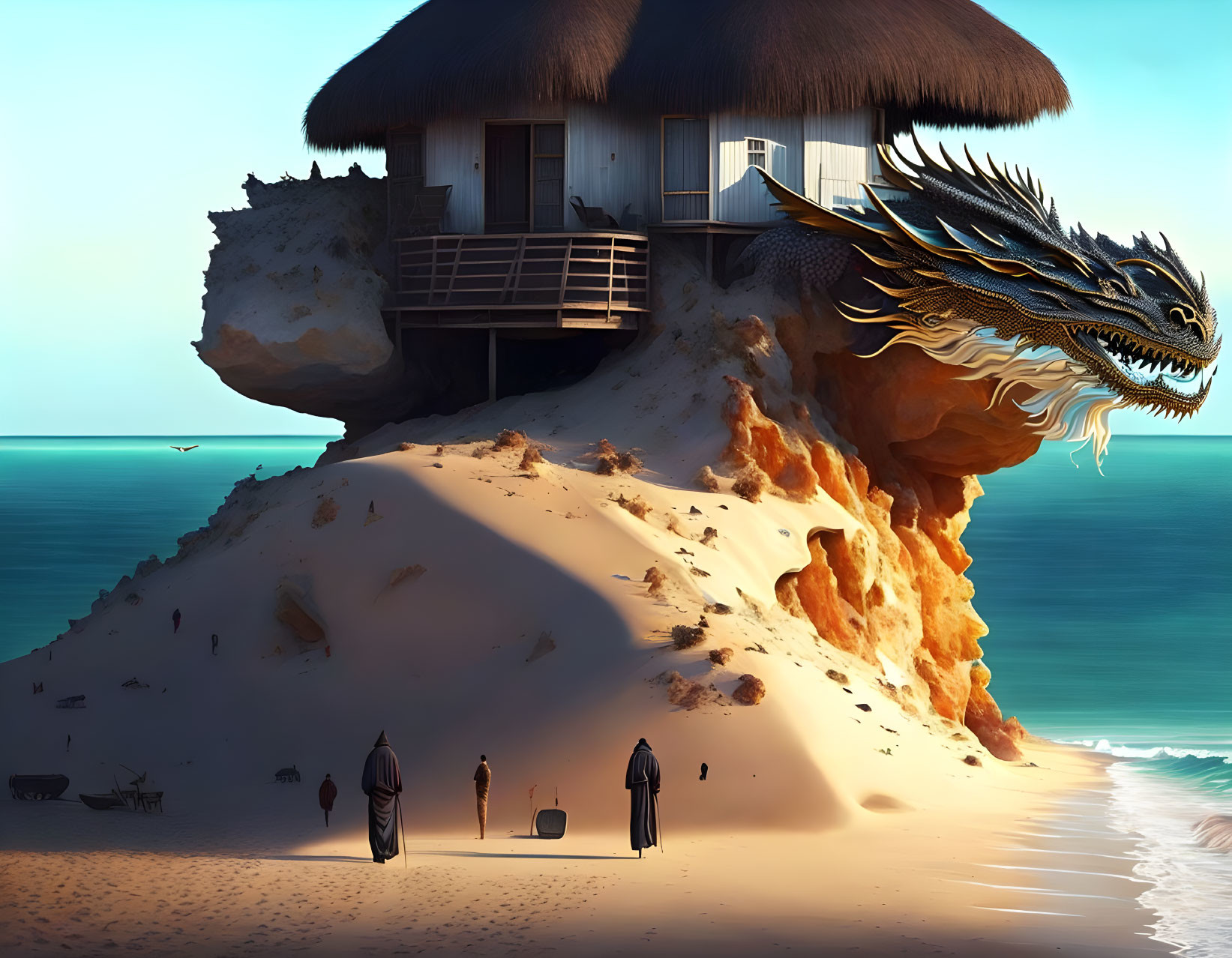 Fantasy illustration of hut, dragon, and sea view