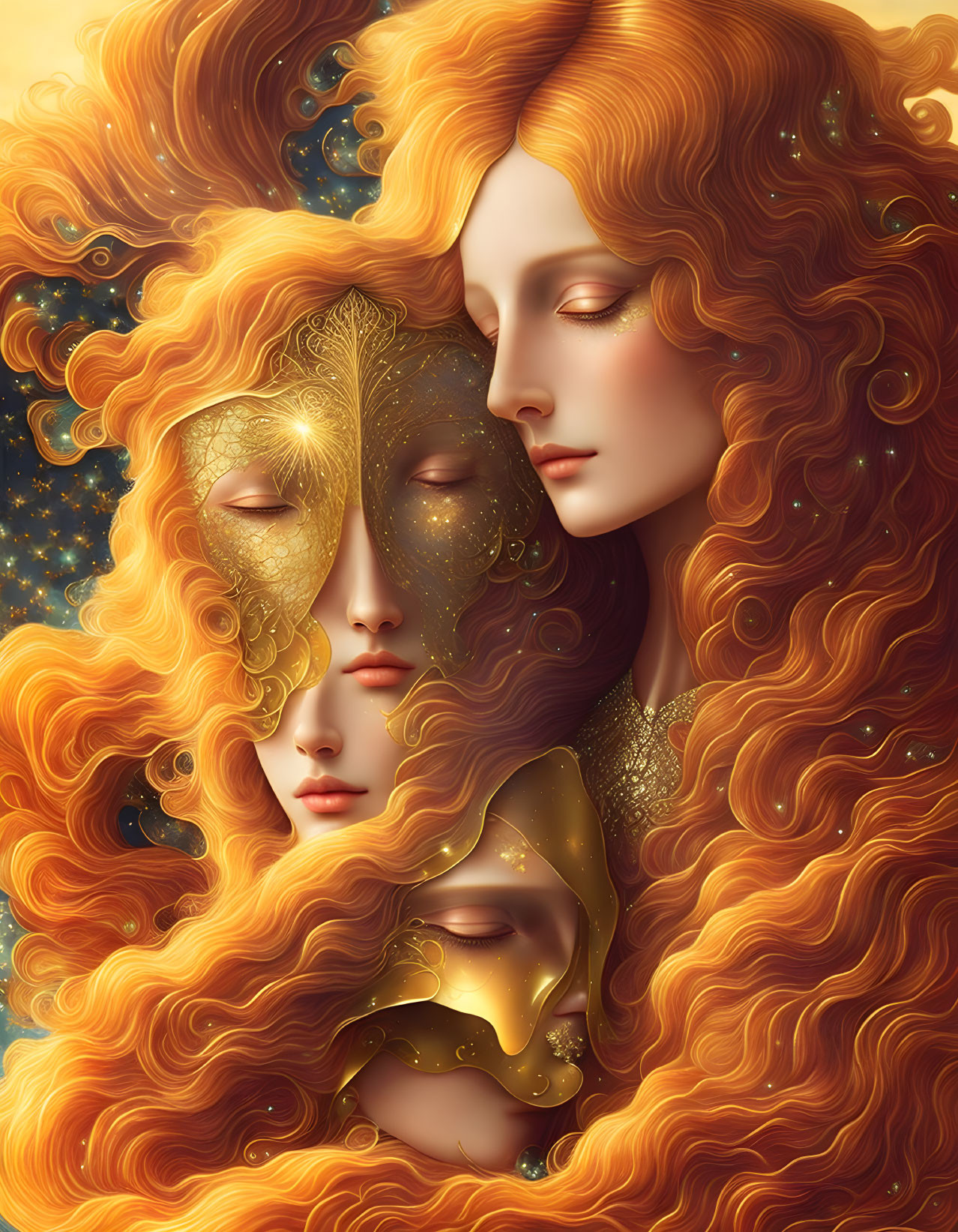 Ethereal figures with golden masks and flowing orange hair intertwined in decorative setting