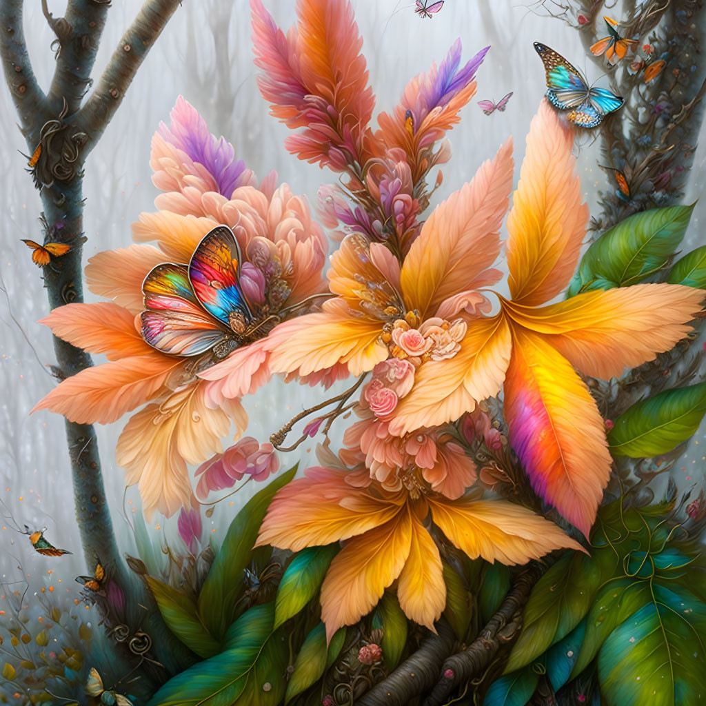 Colorful digital painting of orange and pink flowers with butterflies in misty foliage