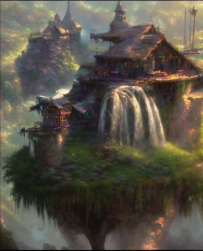 Ethereal fantasy landscape with floating islands and waterfalls