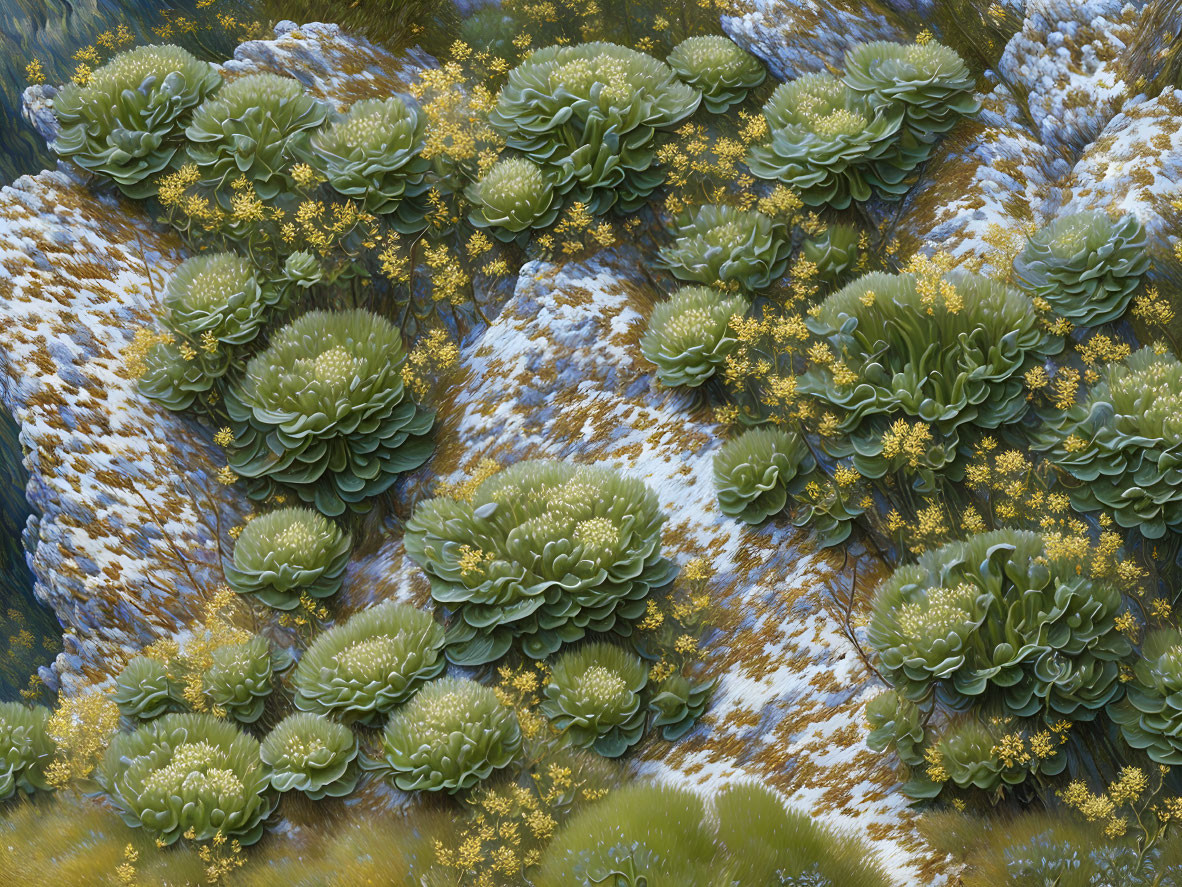 Lush Succulent Plants with Yellow Flowers on Undulating Ground